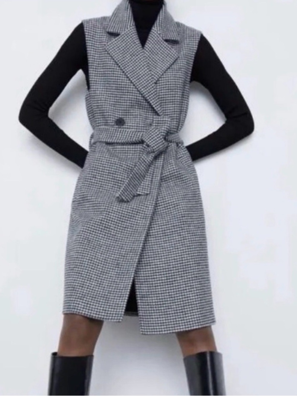 Zara Black & White Sleeveless Houndstooth Wrap Midi Dress